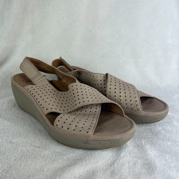 Clarks Reedly Variel Slingback Platform Wedge Sandals 12 Womens Beige Nubuck - Picture 1 of 12